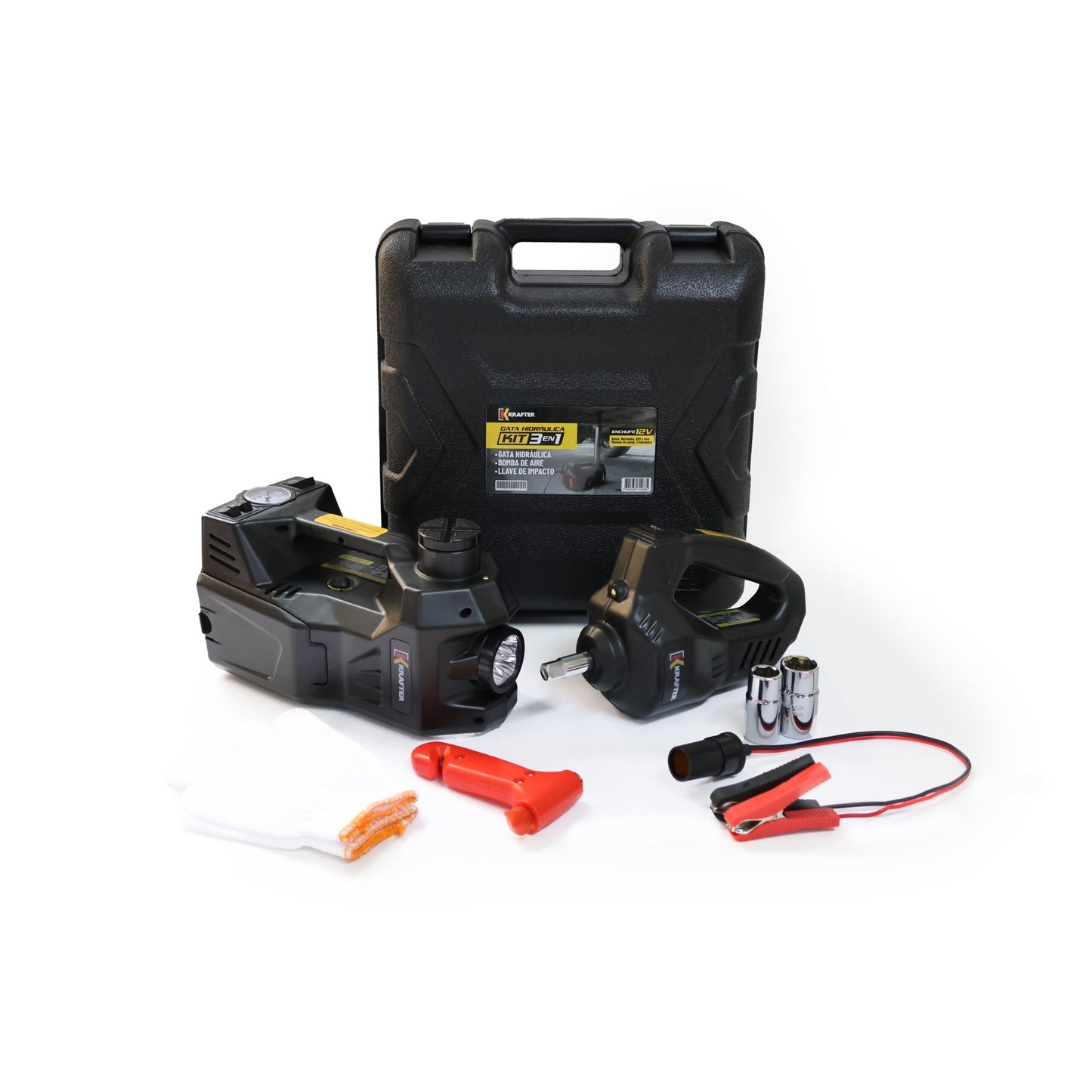 Gata Hidráulica 12V Kit 3 en 1 (con compresor y llave de impacto)