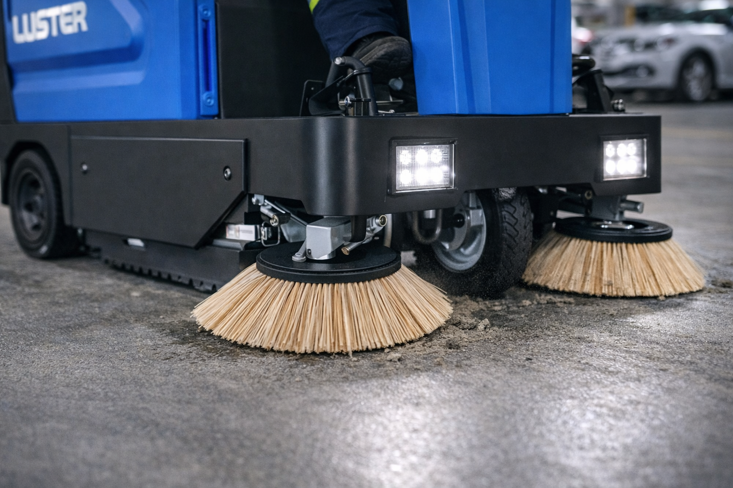 Barredora industrial hombre a bordo a batería para limpieza de grandes superficies.