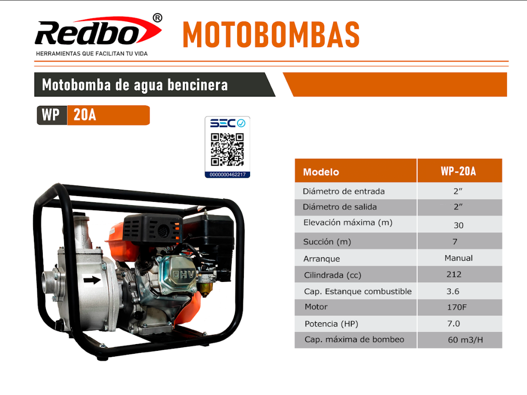 Motobomba Gasolina 2x2 WP 20A Redbo
