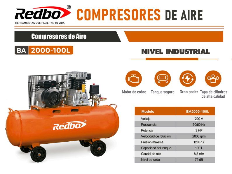 Compresor de Aire Ba 2000-100L de Redbo - Potencia y Fiabilidad para Herramientas Profesionales