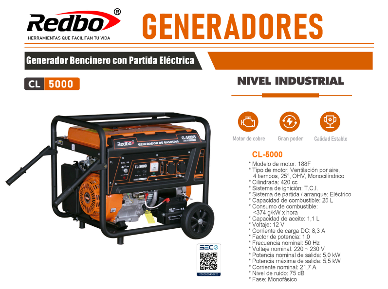 Generador Bencinero CL-5000 de Redbo – Potencia y Estabilidad Profesional