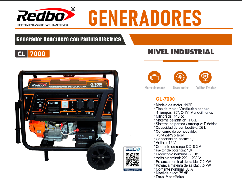 Generador Gasolina 7Kw Partida Eléctrica Redbo CL7000