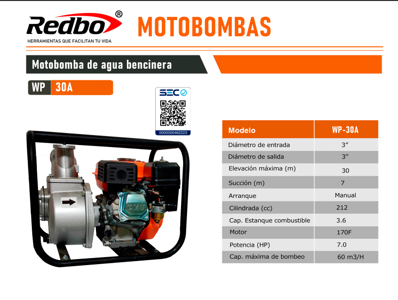 Motobomba Gasolina 3x3 WP 30A Redbo