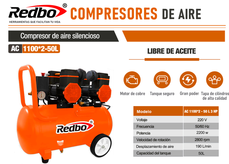 Compresor de aire Silencioso libre de aceite 3HP 50L Redbo