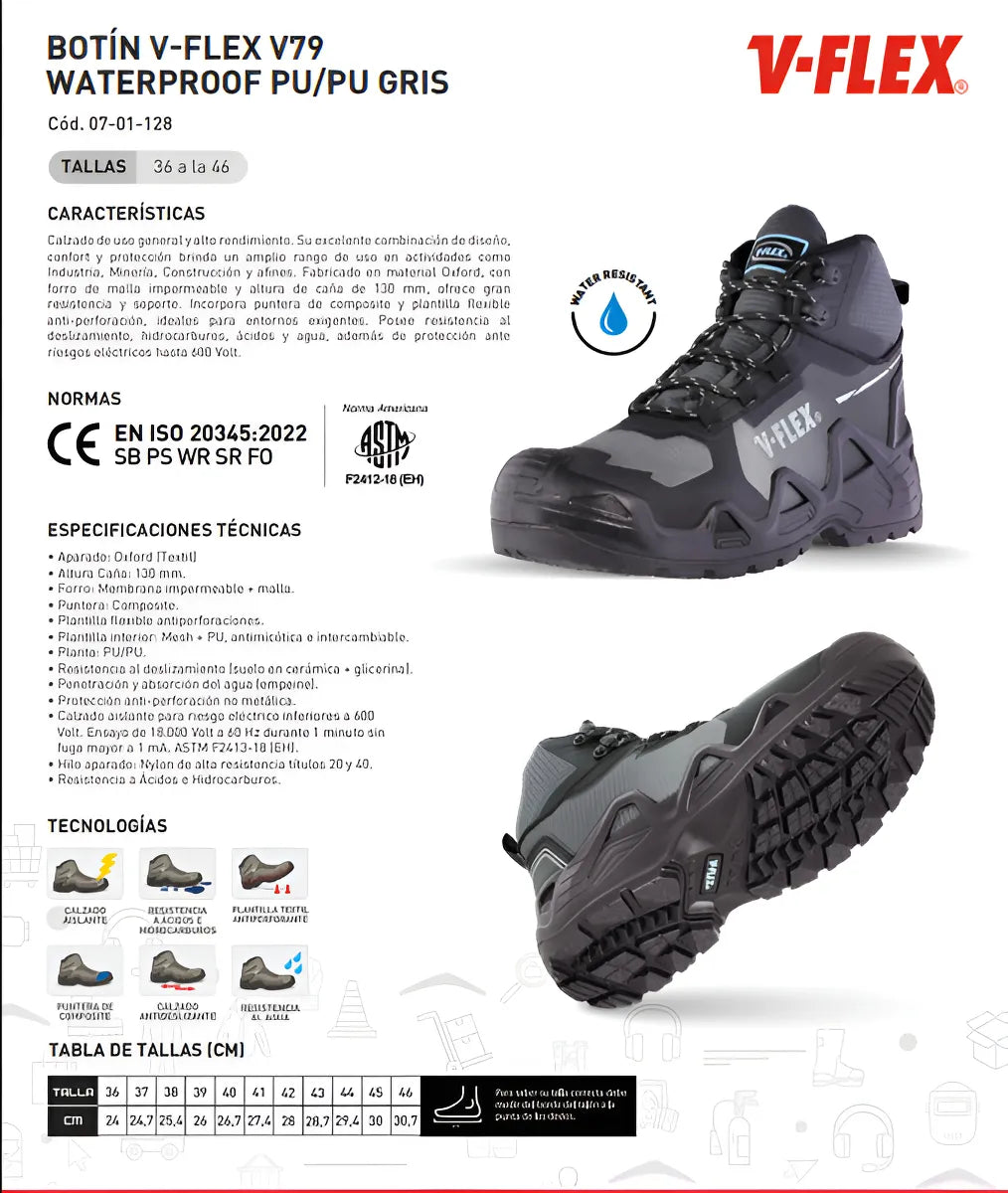 Botín de Seguridad V-Flex V79 Waterproof Gris | Impermeable, Cómodo y Antideslizante