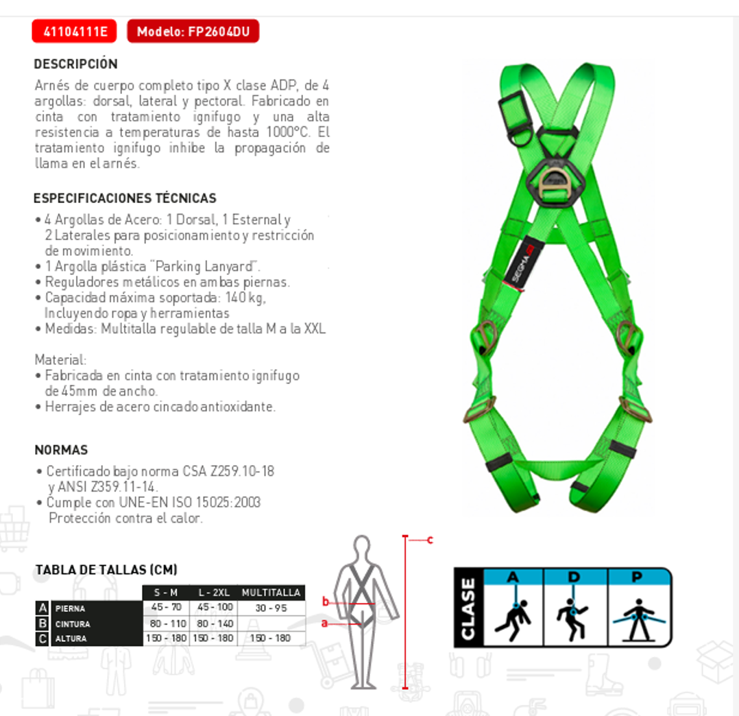 Arnes de Seguridad 4 argollas Ignífugo Multi talla