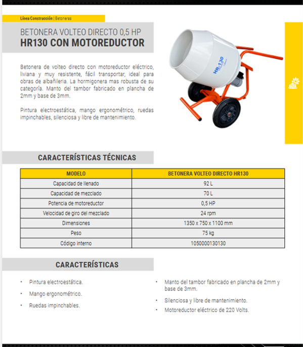 Betonera de Volteo Directo con Motoreductor Eléctrico - Modelo Compacto y Robusto