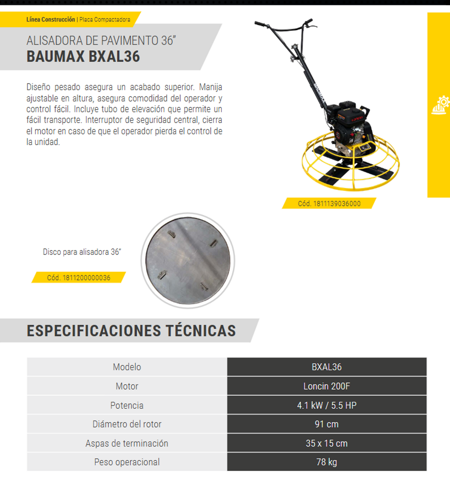 Alisador de Pavimento 36” Baumax BXAL36 – Terminación Profesional de Hormigón