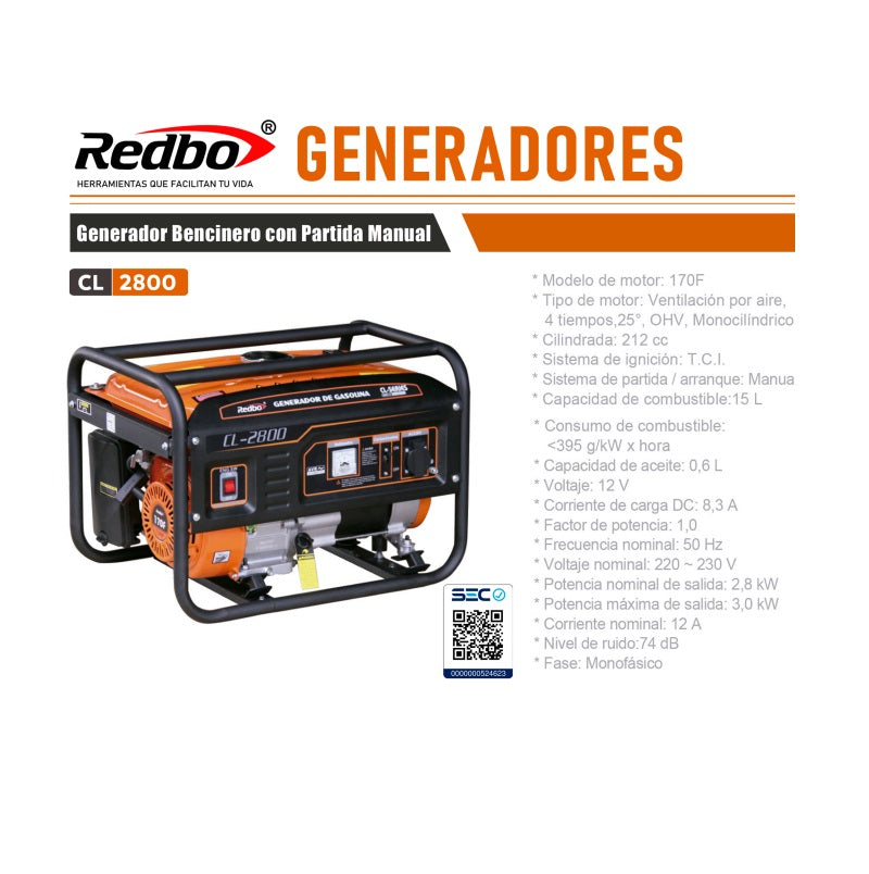 Generador Gasolina 2.8Kw Partida Manual Redbo CL2800
