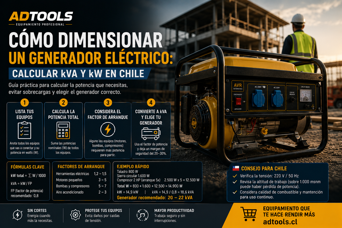 Cómo dimensionar un generador eléctrico: calcular kVA y kW en Chile