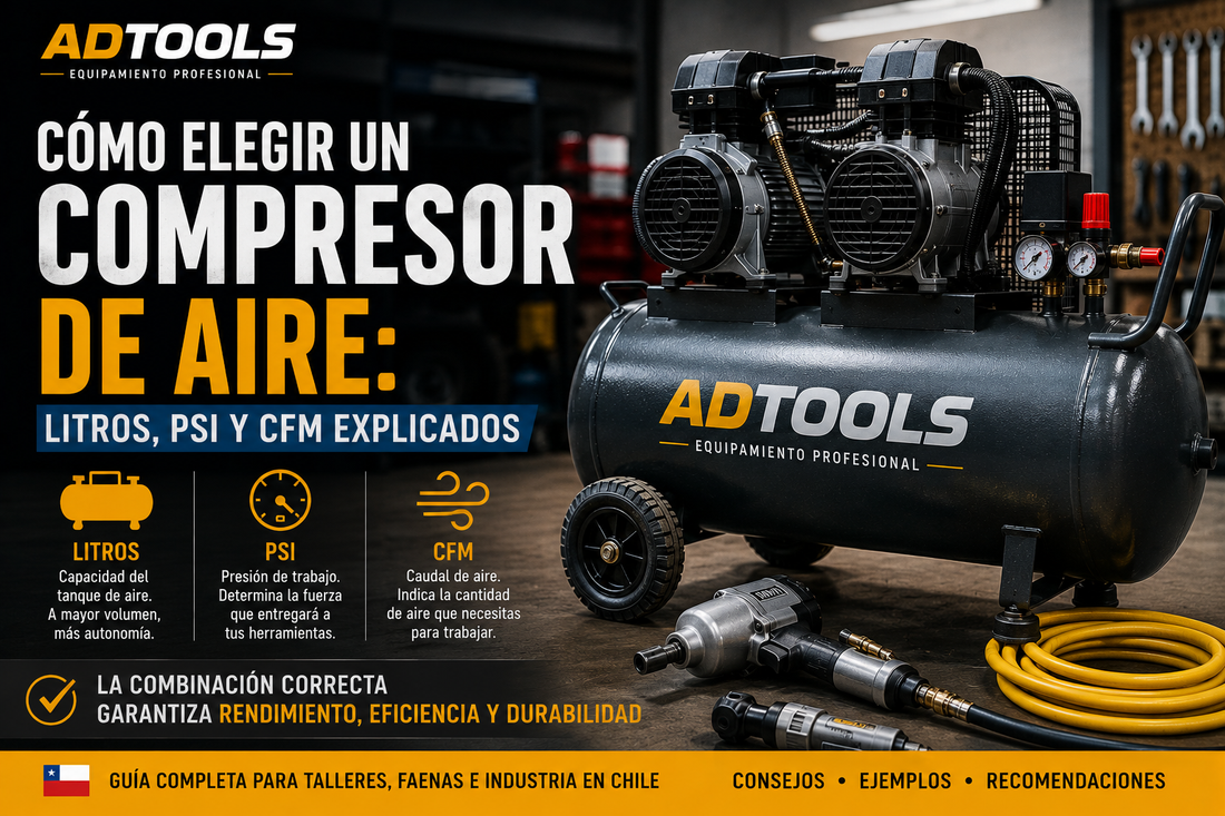 Cómo elegir un compresor de aire: litros, PSI y CFM explicados para Chile