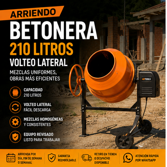 Arriendo Betonera 210 Litros de Volteo Lateral | Mezcladora de Concreto