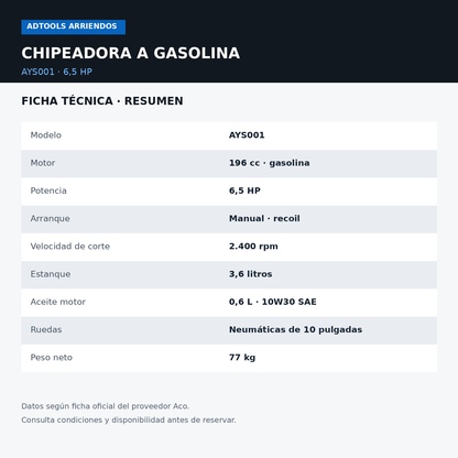 Ficha técnica resumida de chipeadora AYS001