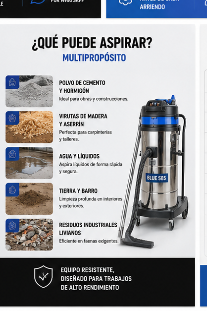 Arriendo Aspiradora Industrial 80 Litros para Polvo y Agua | Alta Potencia