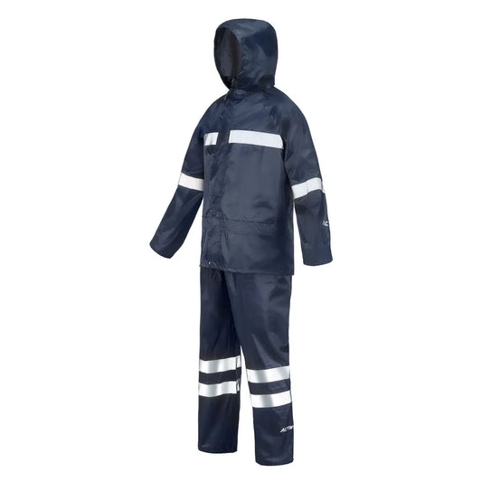 Traje de lluvia azul impermeable con cinta reflectante uso industrial
