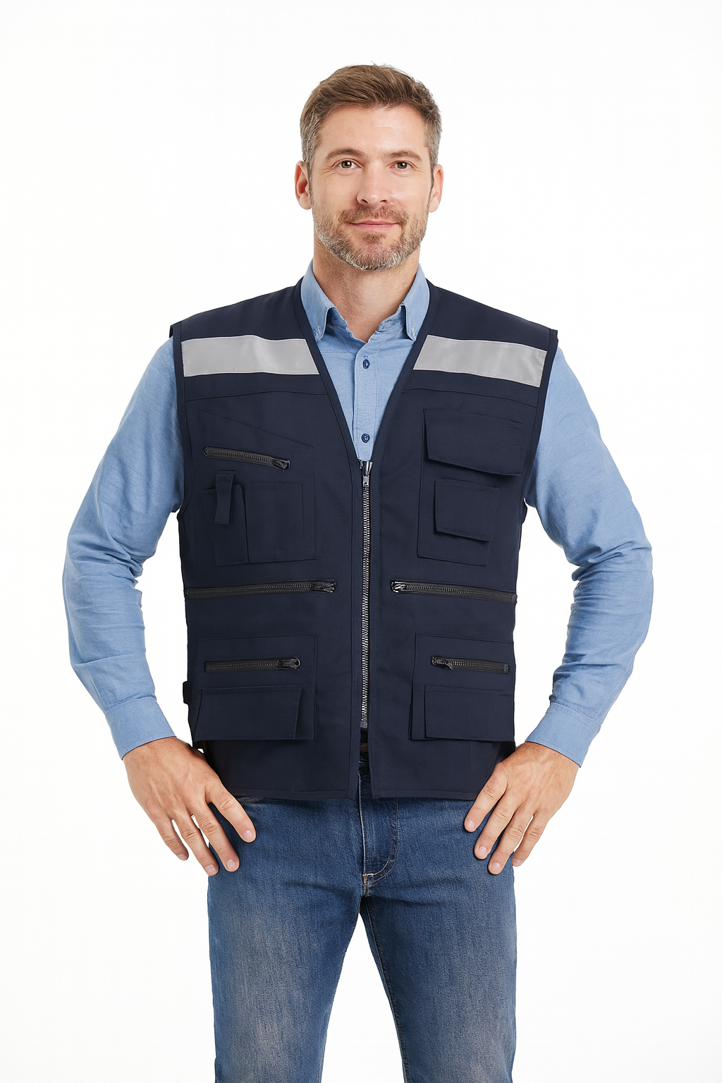 Chaleco Geólogo Azul con Reflectante Poplin