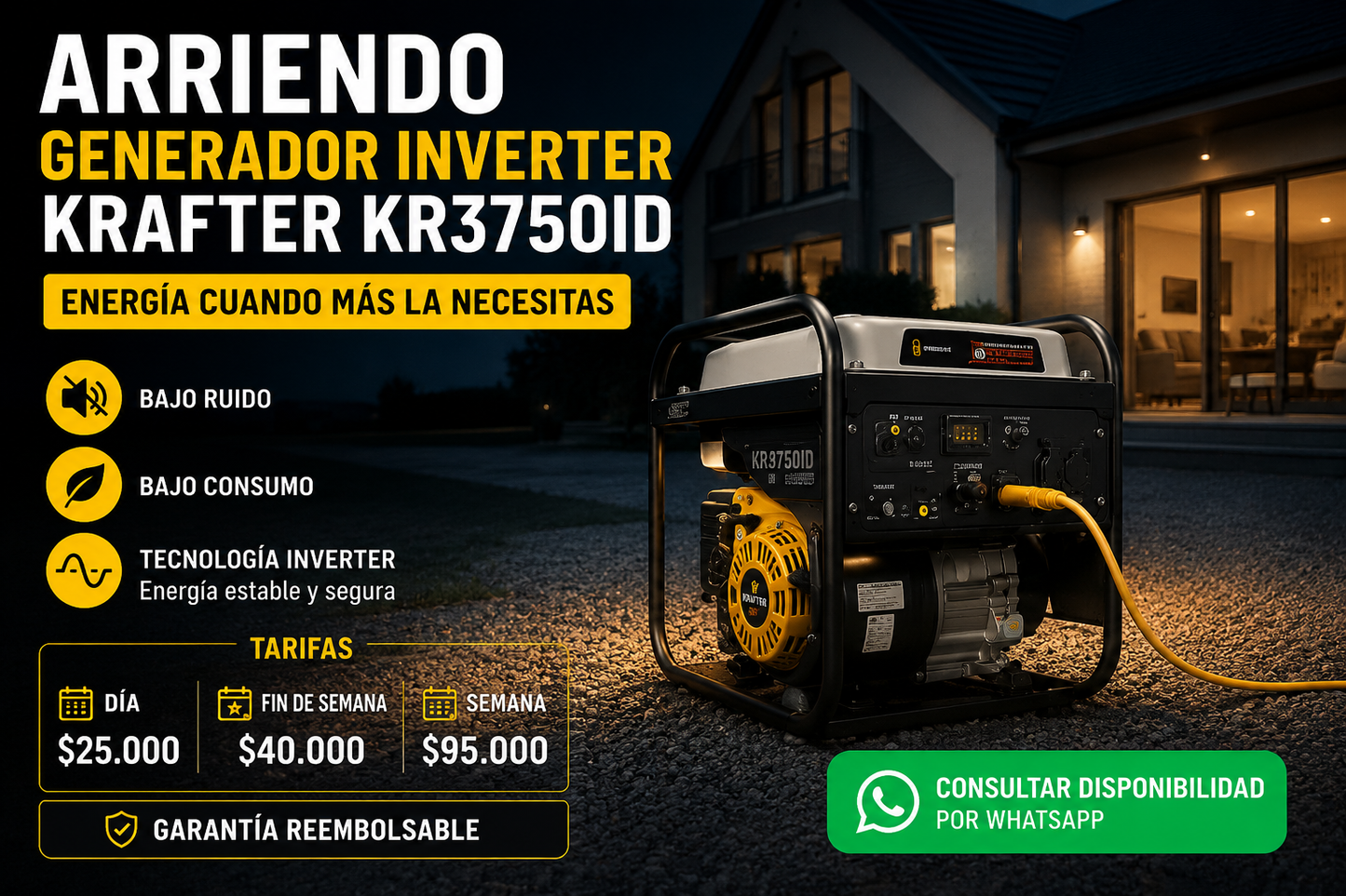 Arriendo Generador Inverter Krafter KR3750ID 3.3 KW | Silencioso para Hogar, Eventos y Trabajo