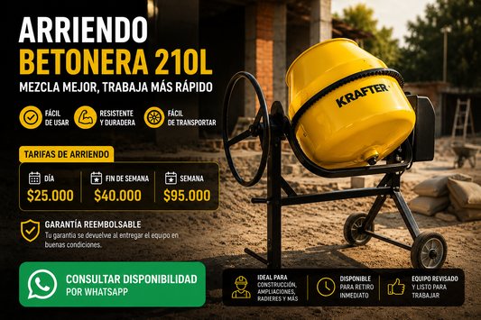 Arriendo de betonera 210 litros ideal para obras medianas.