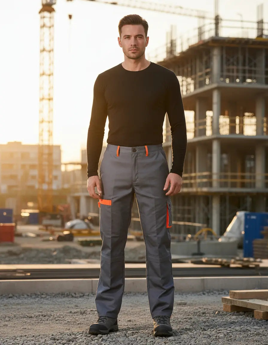 Pantalón Cargo de Trabajo Gabardina Gris Naranjo Hombre | Resistente y Funcional