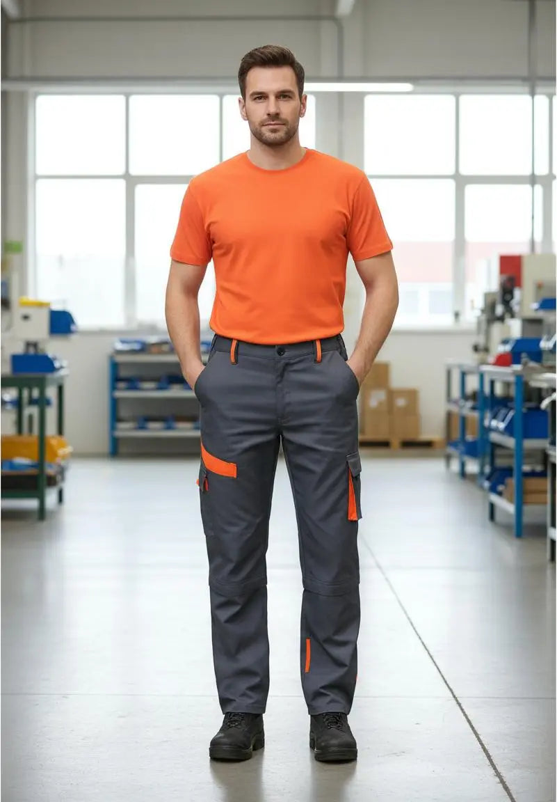 Pantalón Cargo de Trabajo Gabardina Gris Naranjo Hombre | Resistente y Funcional