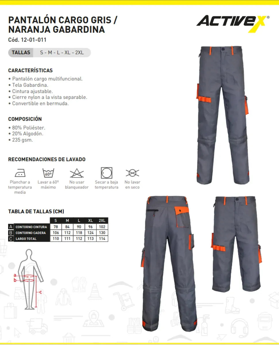 Pantalón Cargo de Trabajo Gabardina Gris Naranjo Hombre | Resistente y Funcional