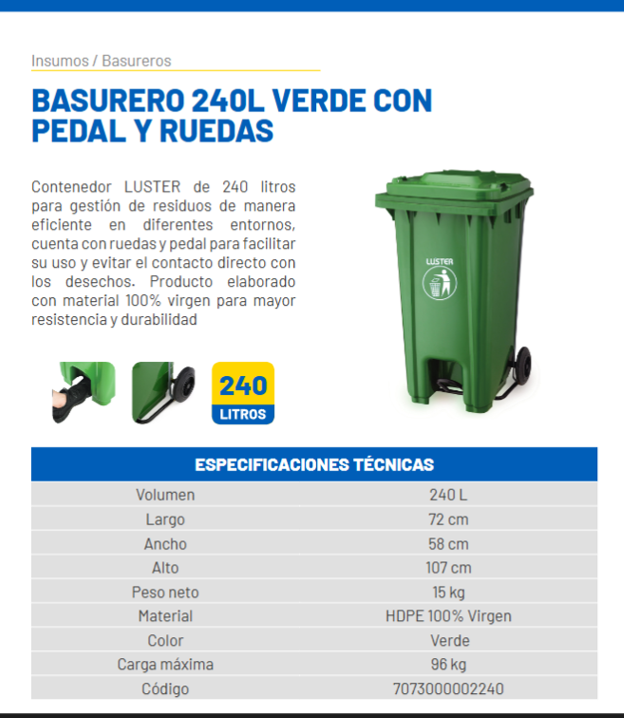 Basurero plástico municipal 240L con Pedestal y Ruedas