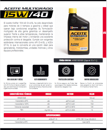 Aceite lubricante multigrado 4T 15W/40 1L Krafter