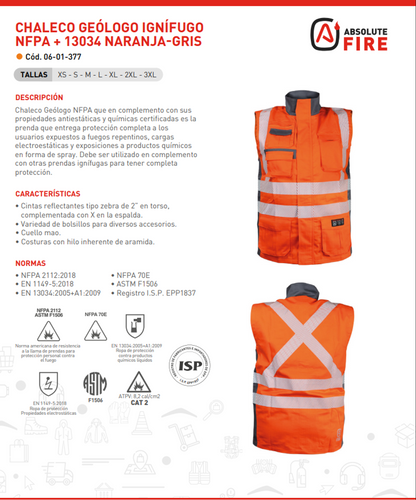 Chaleco Geólogo Ignífugo Naranjo NFPA+13034