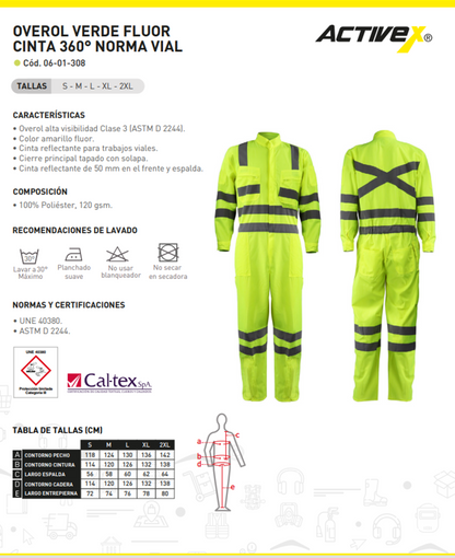 Overol relfectante Verde Fluor Cinta 360 Norma Vial