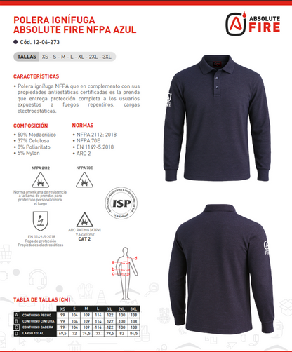 Polera Ignifuga Antiestática Azul FRPST NFPA