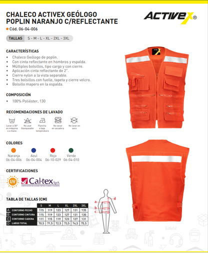 Chaleco Geólogo Naranjo Reflectante Poplin
