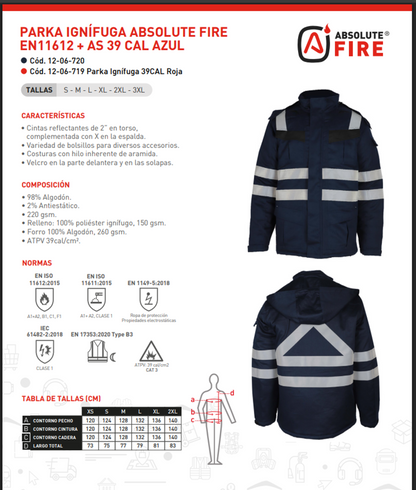Parka Ignifuga Azul EN11612 + AS 39cal