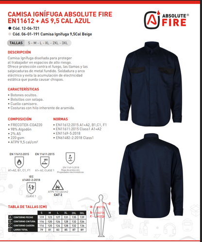 Camisa Ignifuga EN11612 + AS 9,5cal Azul