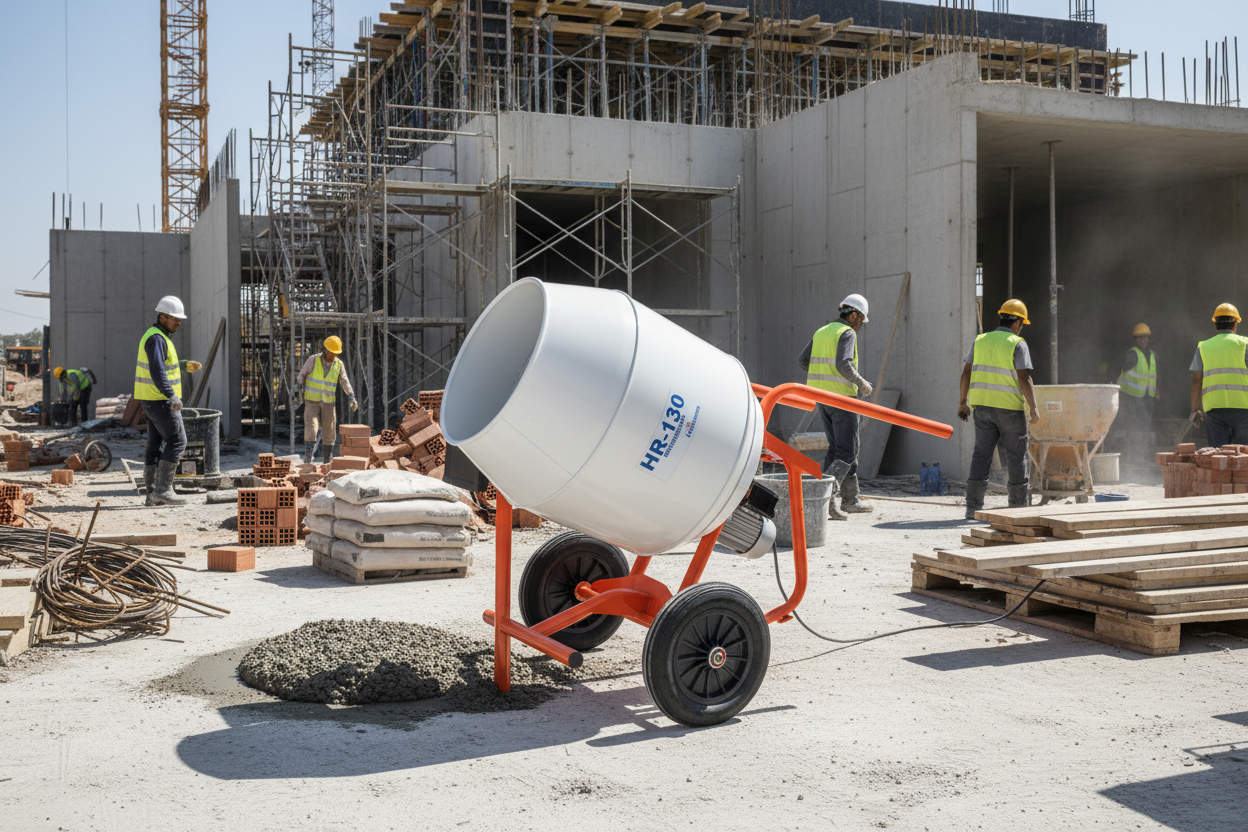Betonera eléctrica 130 litros con caja reductora para mayor resistencia y vida útil.