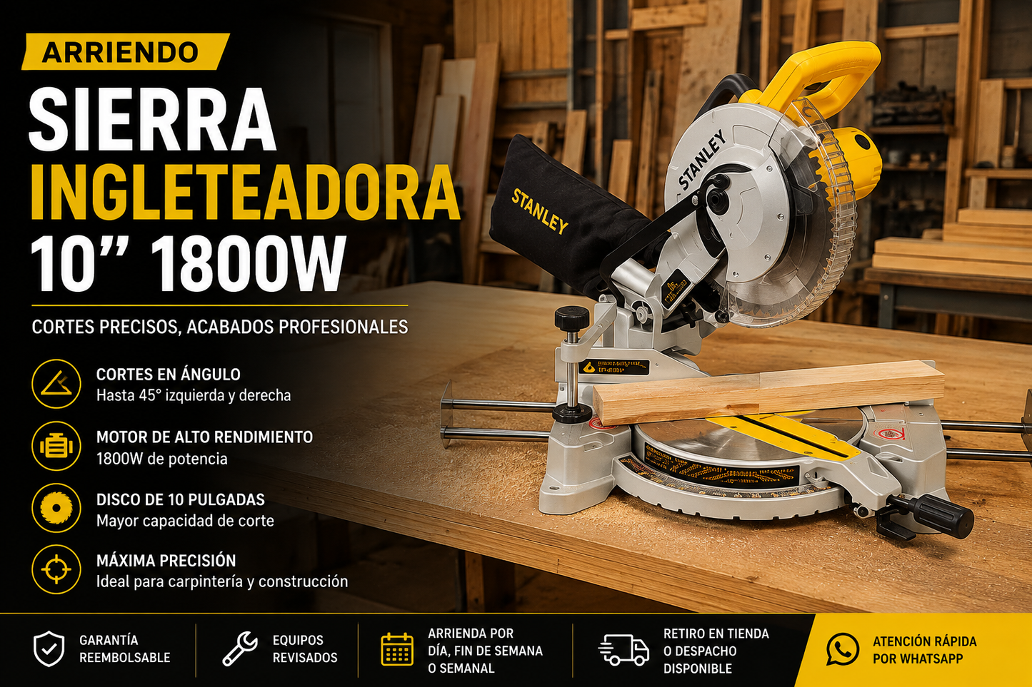 Arriendo Sierra Ingleteadora 10" 1800W | Corte Preciso para Madera