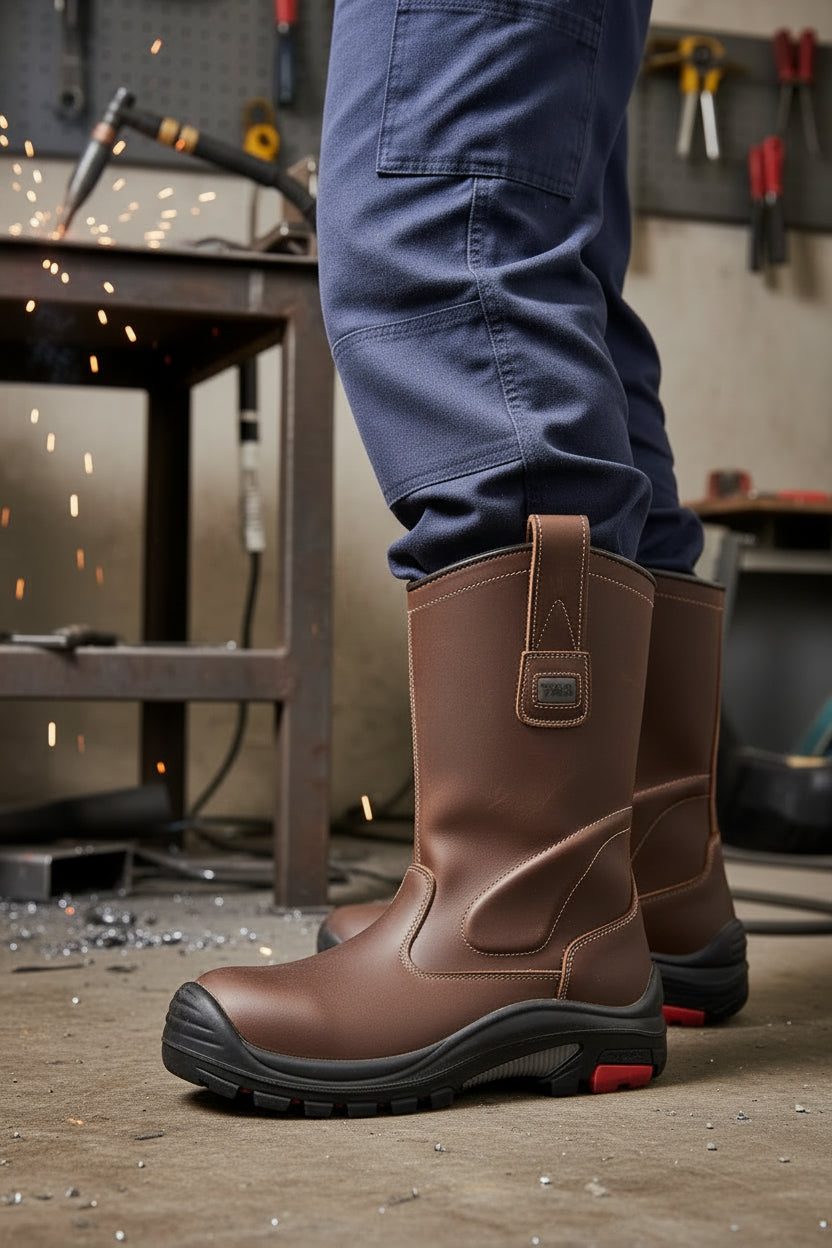 Bota de Seguridad para Soldador Anticlavo Café | Alta Protección contra Chispas y Perforaciones