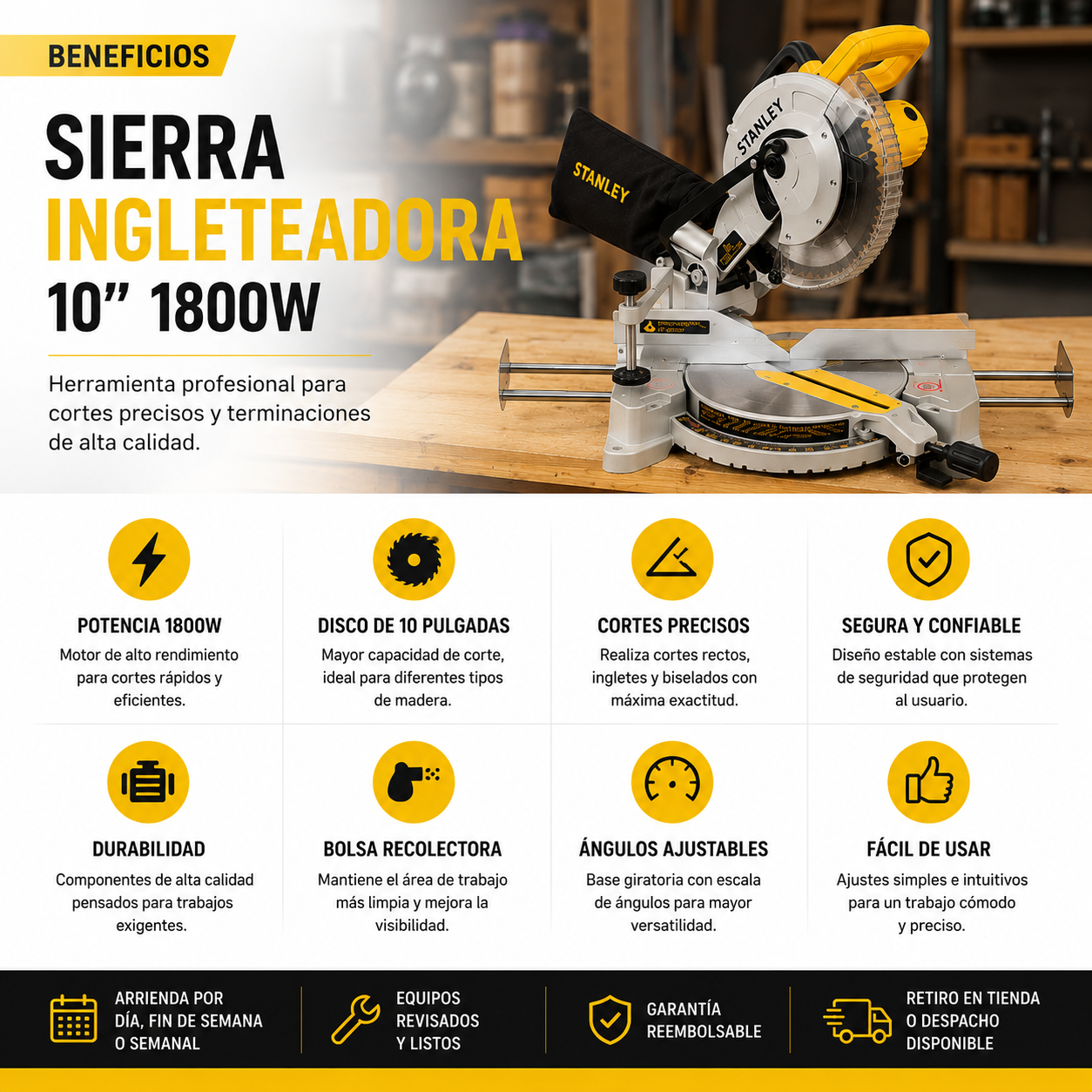 Arriendo Sierra Ingleteadora 10" 1800W | Corte Preciso para Madera