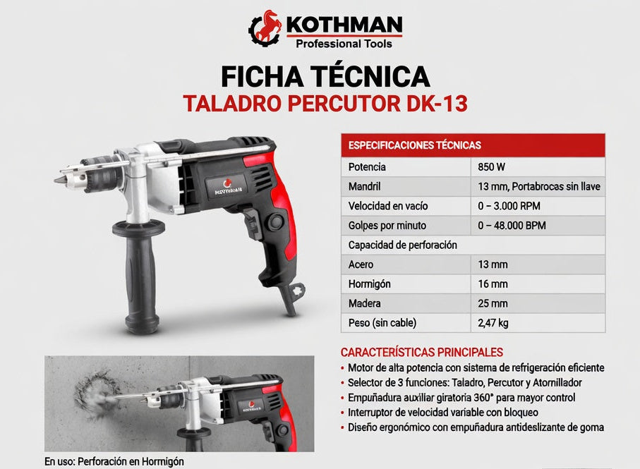 Taladro Percutor 13 mm 850W Profesional Kothman DK-13