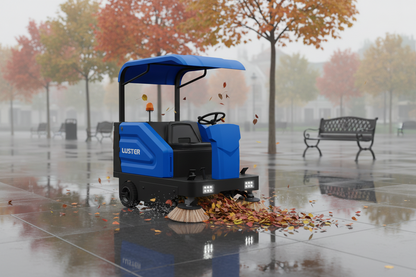 Barredora industrial hombre a bordo a batería para limpieza de grandes superficies.