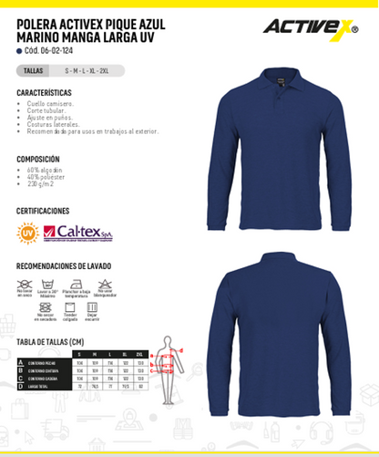 Polera Pique manga Larga Azul Marino UV